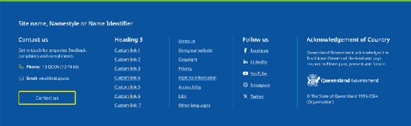 Example of new footer design where Acknowledgement of Country now has a title and sits above the Queensland Government Coat of Arms