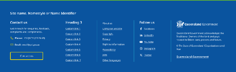 Example fo footer where the Acknowledgement of Country sits below the Queensland Government Coat of Arms